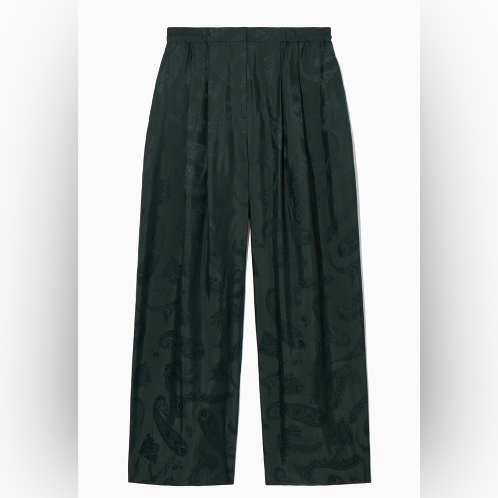 COS Forest Green WIDE-LEG PAISLEY-JACQUARD TROUSERS Silk Blend Size US4